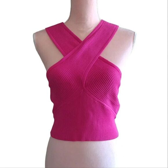 House of Harlow 1960 Hot Pink Ribbed Cross Over Halter Crop Top Large NWT - Picture 3 of 17